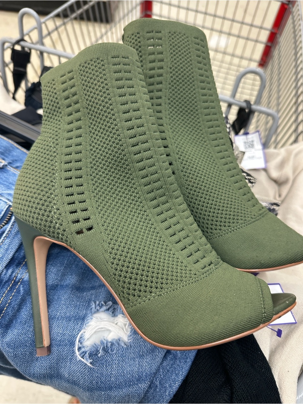 Steve Madden Olive Green Knit Peep-Toe Stiletto Booties